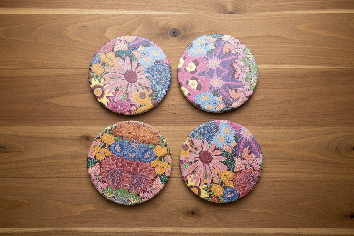 Floral Print Ceramic Coasters 4 Pcs