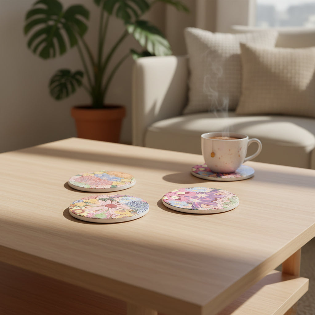 Floral Print Ceramic Coasters 4 Pcs