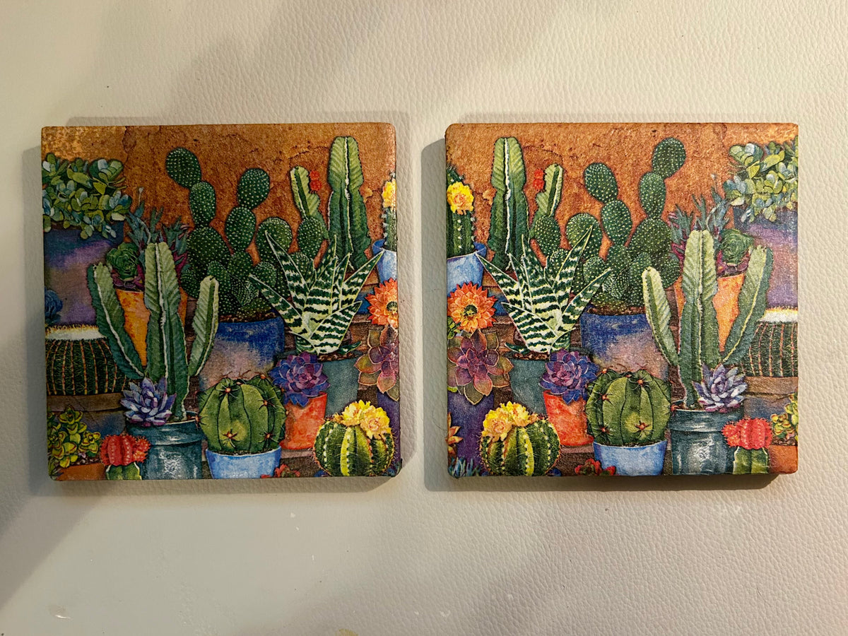 Cactus Print square ceramic Coasters 2 Pcs